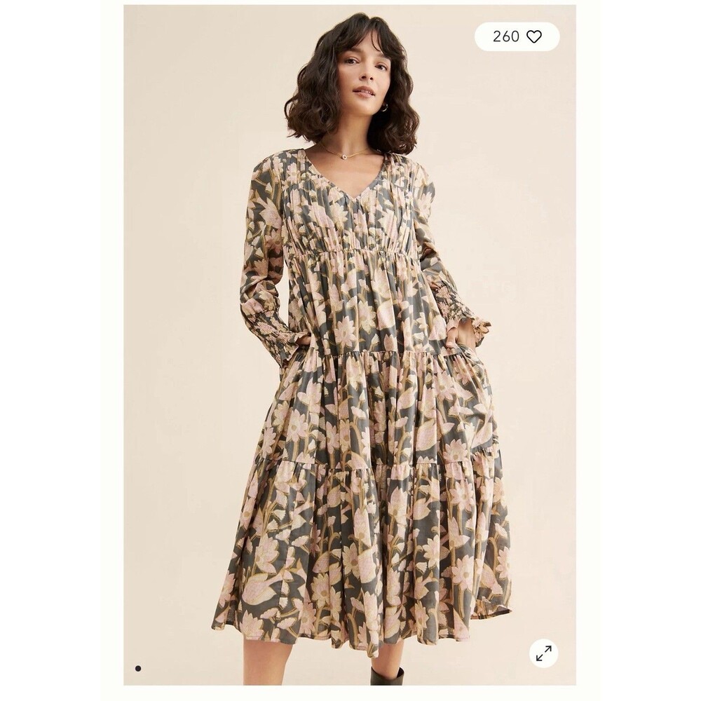 Anthropologie Let Me Be Dress Floral Cotton w/Pockets Sz S Tiered Smocked EUC